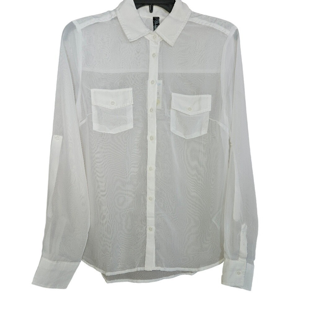 LunaChix White Sheer Mesh Button Down Roll Tab Sleeve Utility Shirt Top Small